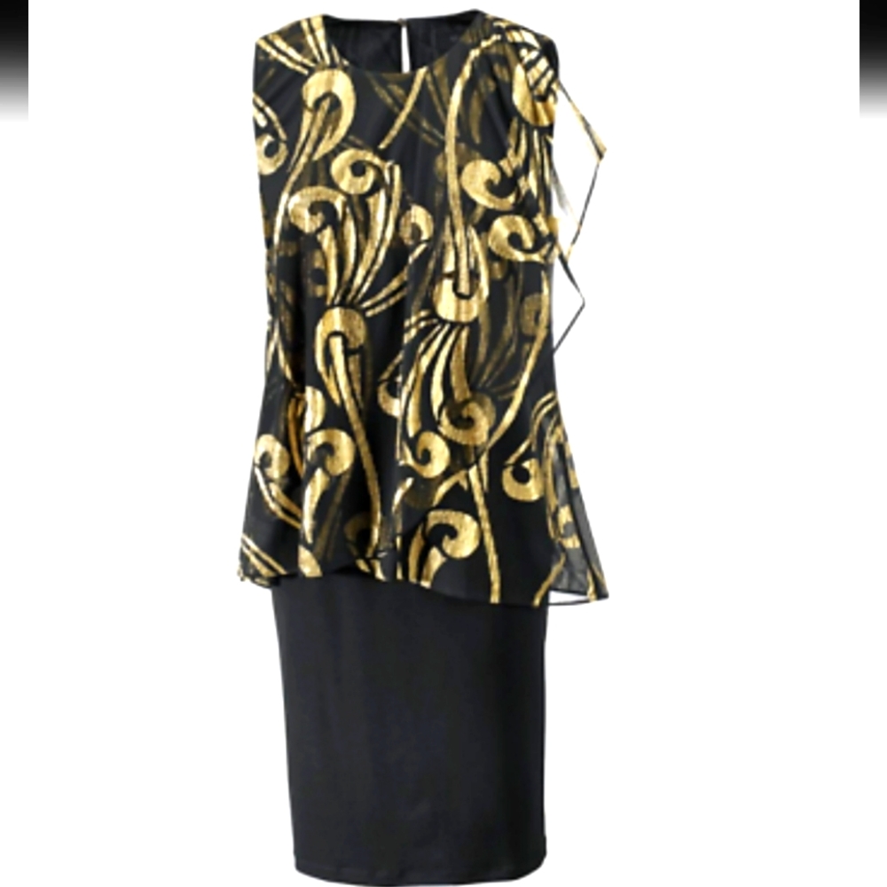Seventh Avenue Black and Metallic Gold Sleeveless Dress Plus Size 16